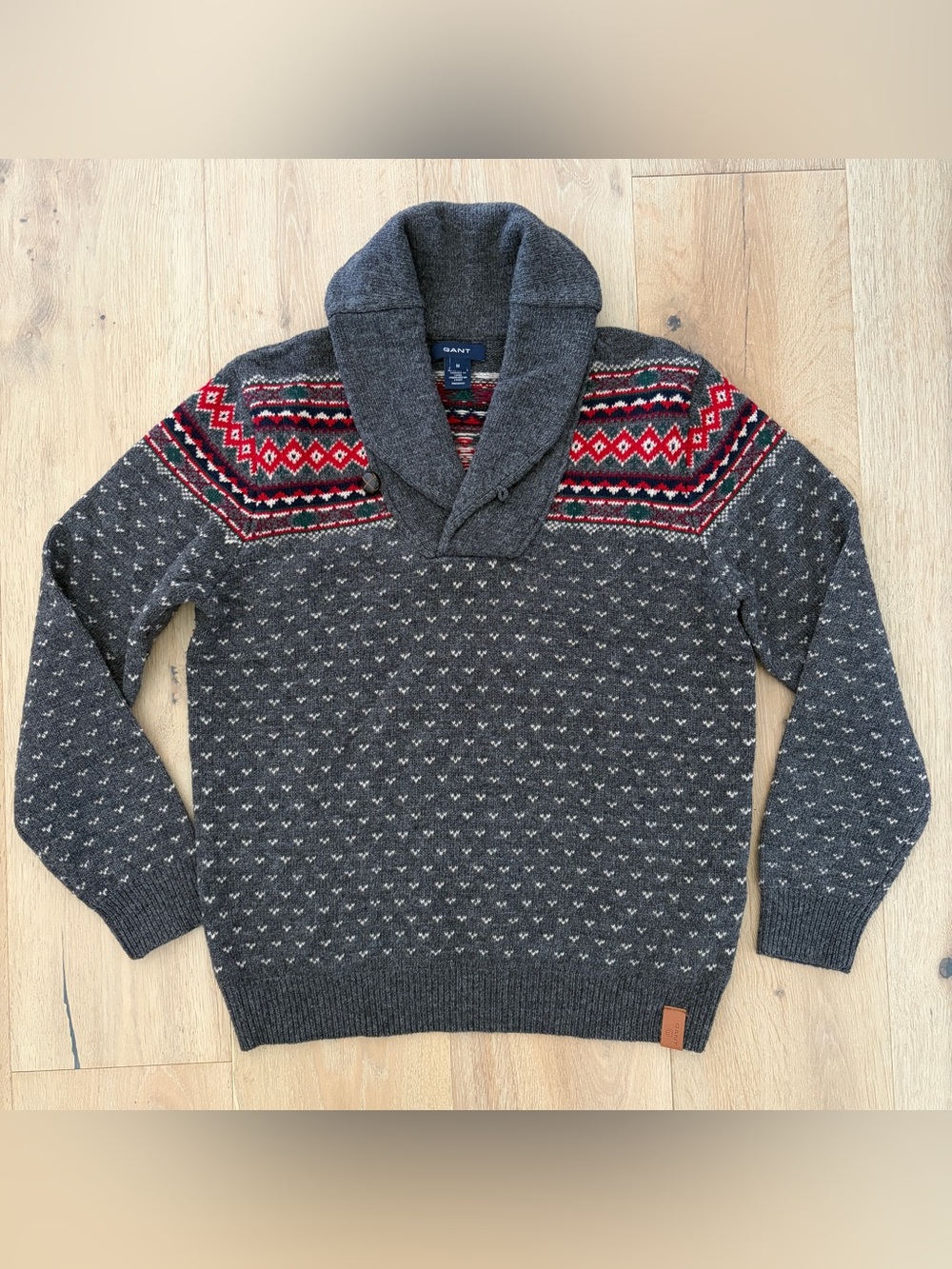 GANT Men’s M 100% Lambswool Fair Isle Shawl Collar Sweater Gray Red Nordic*J6